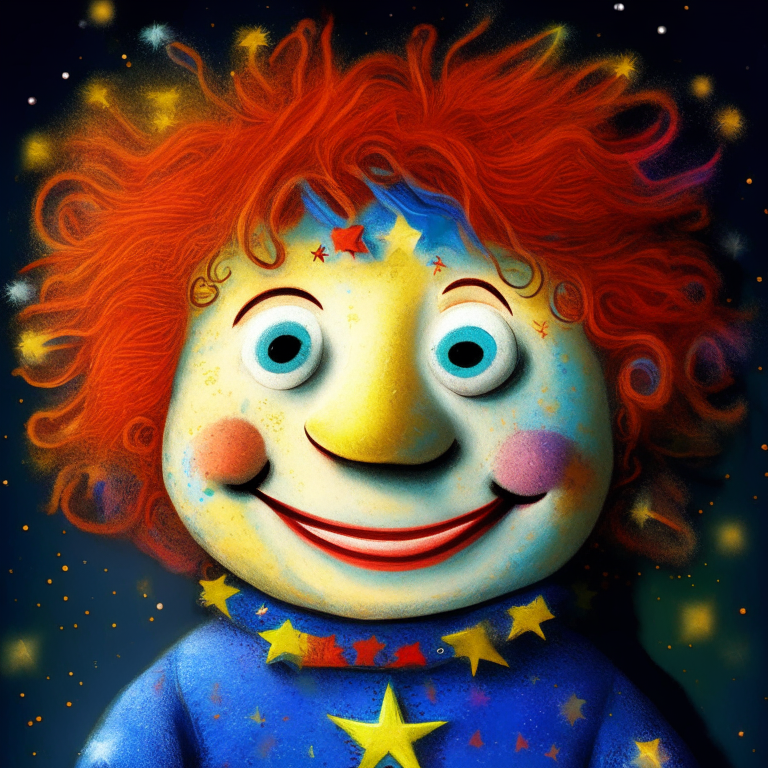 smiling puppet boy with two stars in each of his cheeks, in each of his eyes has one star, his hair is colorful