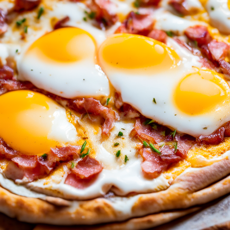 Air Fryer Breakfast Pizza with eggs and bacon, bright, clear studio lighting, razor-sharp focus, filling the frame with a close-up of the eggs