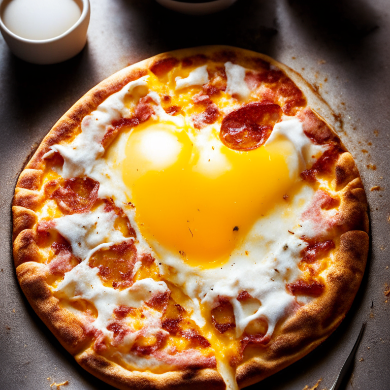 Air Fryer Breakfast Pizza with eggs and bacon, bright, clear studio lighting, razor-sharp focus, filling the frame with the food