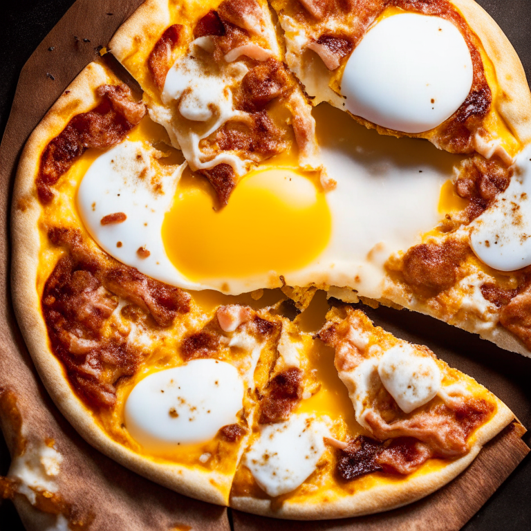 Air Fryer Breakfast Pizza with eggs and bacon, bright, clear studio lighting, razor-sharp focus, filling the frame with the food from a different angle