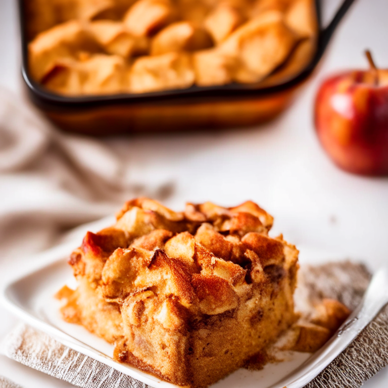 Oven-Baked Apple Cinnamon French Toast Casserole with bright, clear studio lighting and razor-sharp focus, filling the frame with the food