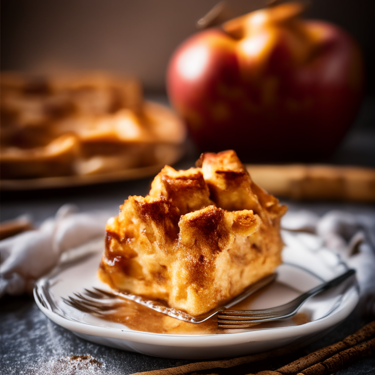 Oven-Baked Apple Cinnamon French Toast Casserole, bright, clear studio lighting, razor-sharp focus, filling the frame