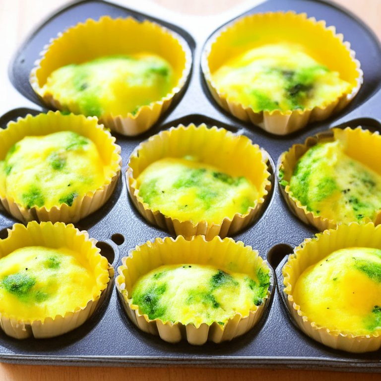 Oven-baked cheddar and broccoli egg cups in a muffin tin, 6 portions. Bright, clear lighting and razor-sharp focus on the egg cups