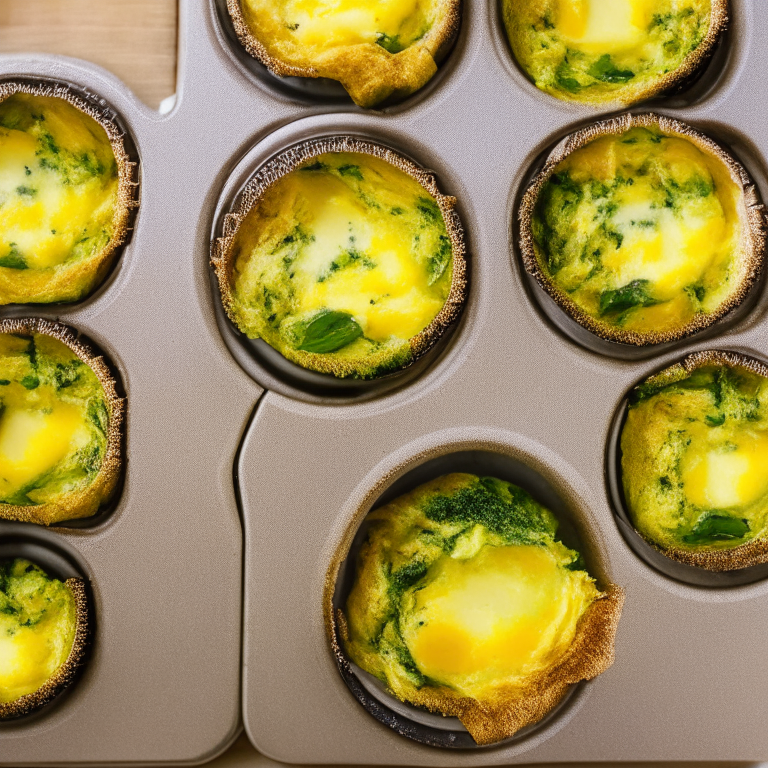 Oven-baked cheddar and broccoli egg cups in a muffin tin, 6 portions. Softbox studio lighting and pin-sharp focus on the egg cups and muffin tin