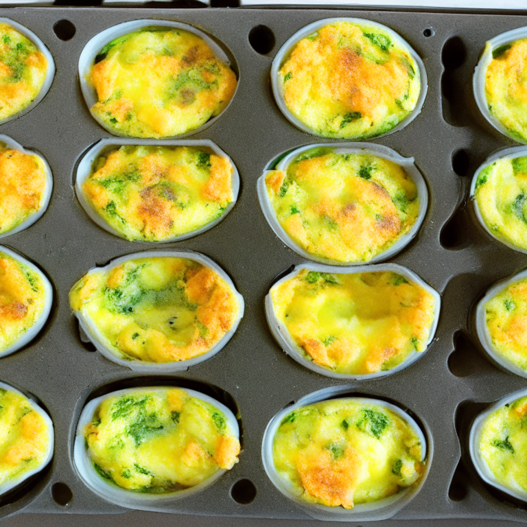 Oven-baked cheddar and broccoli egg cups in a muffin tin, 6 portions