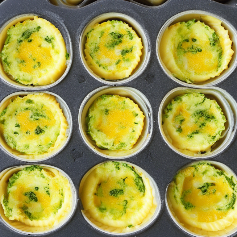 Close-up of oven-baked cheddar and broccoli egg cups in a muffin tin, 6 portions. Filling the frame