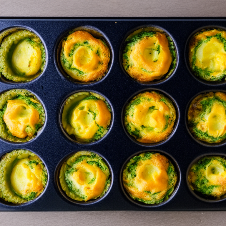 Oven-baked cheddar and broccoli egg cups in a muffin tin, 6 portions. Softbox studio lighting and pin-sharp focus on the egg cups and muffin tin