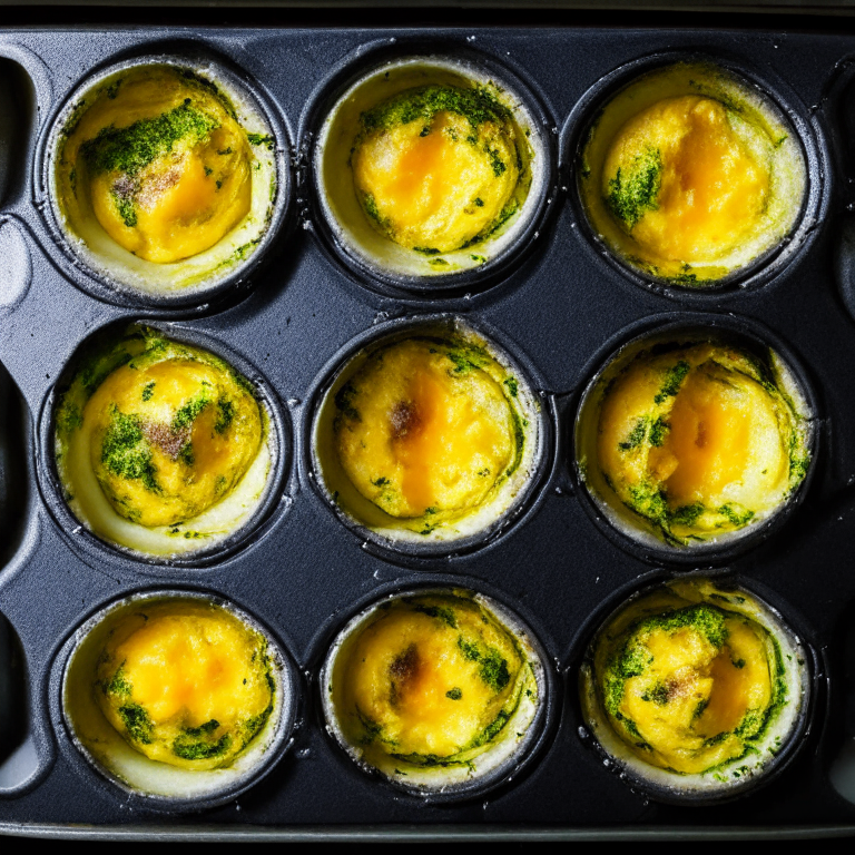 Oven-baked cheddar and broccoli egg cups in a muffin tin, 6 portions. Softbox studio lighting and razor-sharp focus on every part of the egg cups