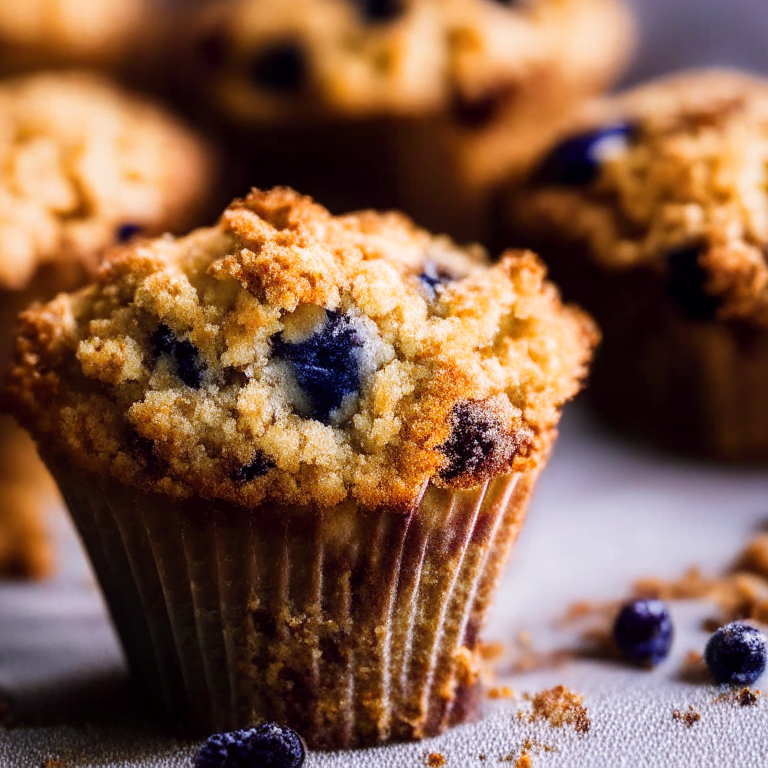 Close-up of air fryer blueberry muffins with streusel topping. Softbox studio lighting and razor-sharp focus on the muffins and topping