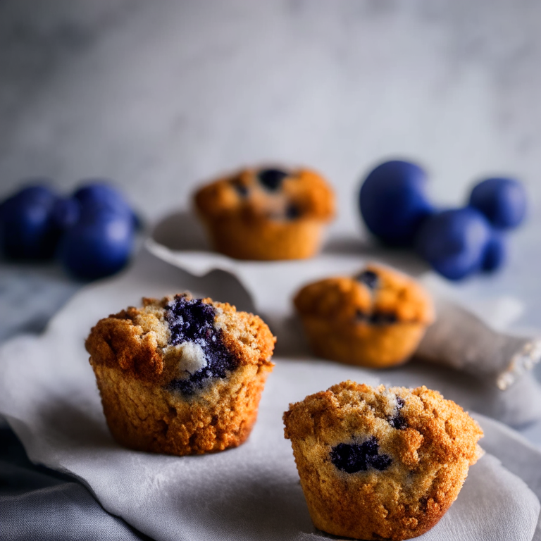 Air fryer blueberry muffins with streusel topping on a white plate. Softbox studio lighting and perfect focus on the muffins, blueberries and streusel topping