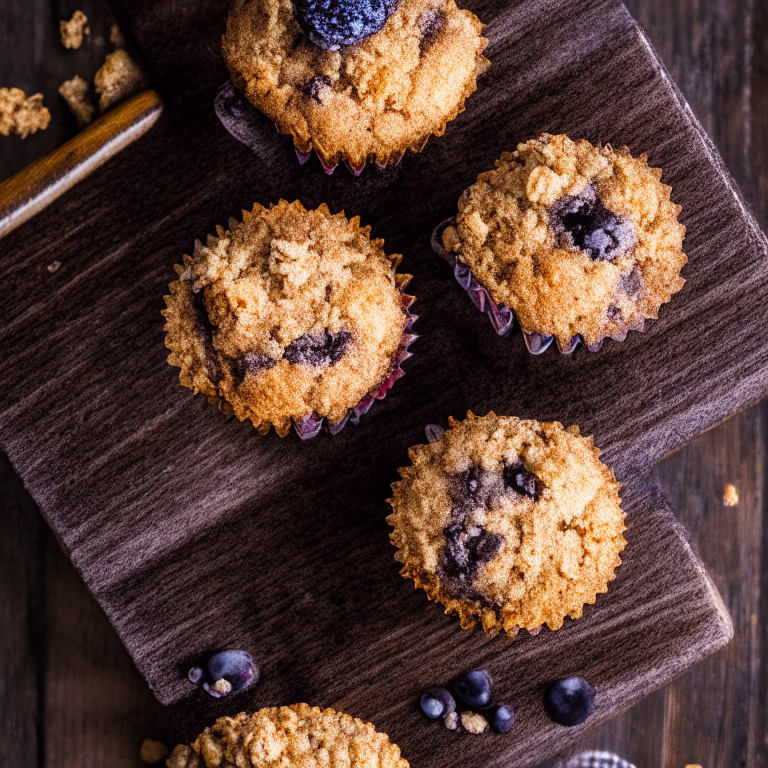 Aerial view of air fryer blueberry muffins with streusel topping on a wooden board. Softbox studio lighting and pin-sharp focus on the muffins and topping