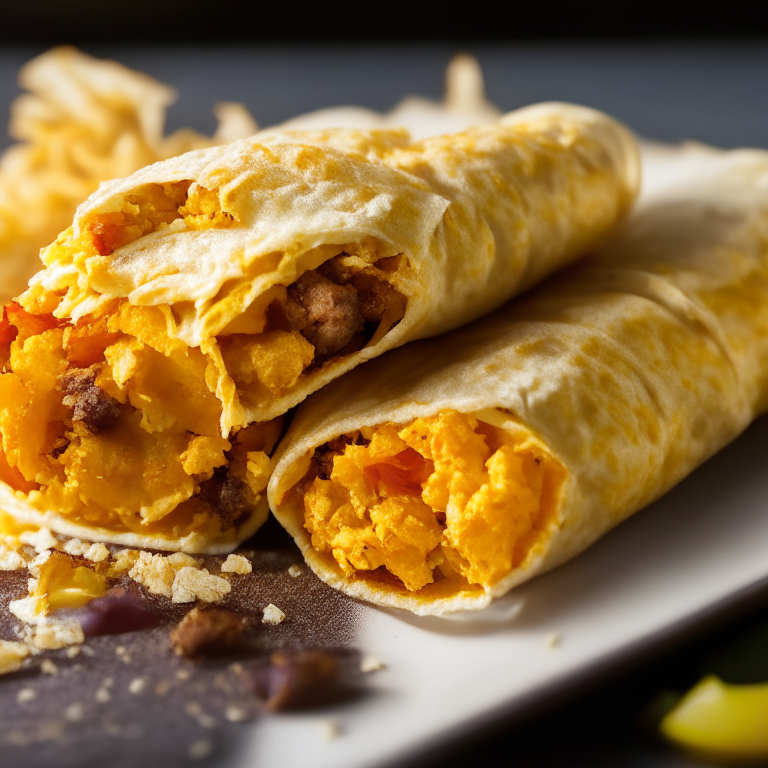 Close-up of southwest breakfast burritos with air fryer hash browns on a plate. Softbox studio lighting and razor-sharp focus on the burritos and hash browns