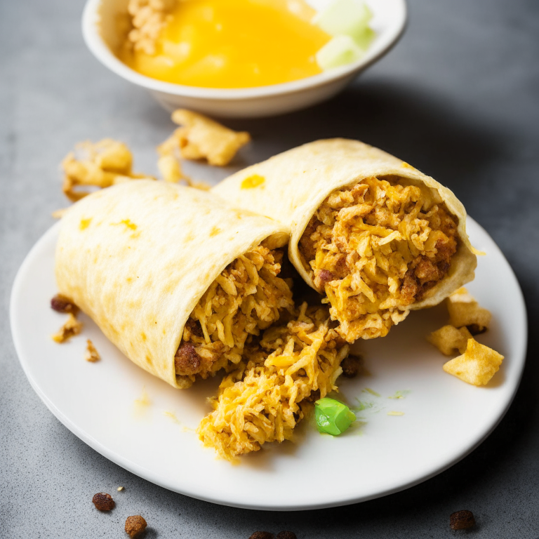 Southwest breakfast burritos and air fryer hash browns on a white plate. Bright, clear studio lighting and perfect focus on the burritos, hash browns, cheese and sauce