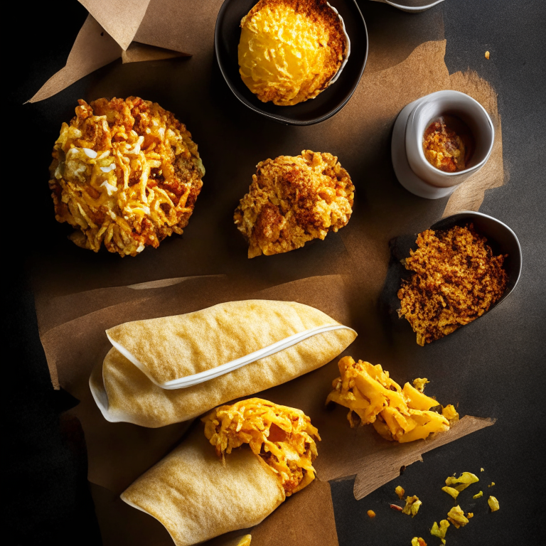 Aerial view of southwest breakfast burritos and air fryer hash browns on a wooden board. Softbox studio lighting and pin-sharp focus on the burritos, hash browns and garnishes