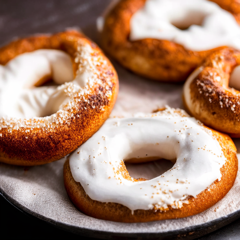 Close-up of cinnamon sugar air fryer bagels with oven-baked cream cheese on a plate. Softbox studio lighting and razor-sharp focus on the bagels and cream cheese