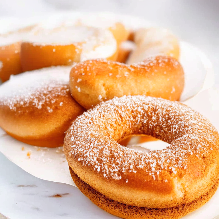 Cinnamon sugar air fryer bagels with oven-baked cream cheese on a white plate. Bright, clear studio lighting and perfect focus on the bagels, cream cheese and cinnamon sugar coating