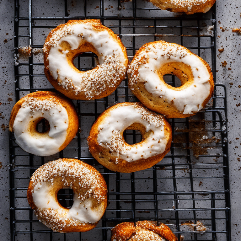 Aerial view of cinnamon sugar air fryer bagels with oven-baked cream cheese on a wooden board. Softbox studio lighting and pin-sharp focus on the bagels, cream cheese and garnishes