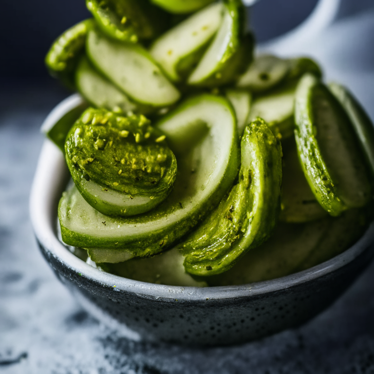 Close-up of crispy air fryer pickles with dill dip in a bowl. Softbox studio lighting and razor-sharp focus on the pickles and dip