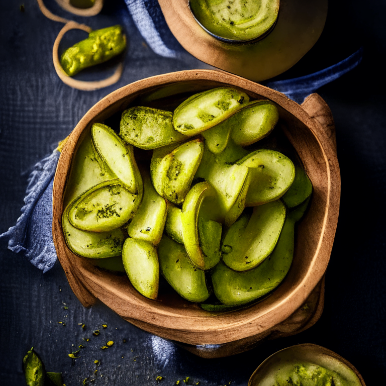 Aerial view of crispy air fryer pickles with dill dip in a bowl on a wooden board. Softbox studio lighting and pin-sharp focus on the pickles, dip and garnishes