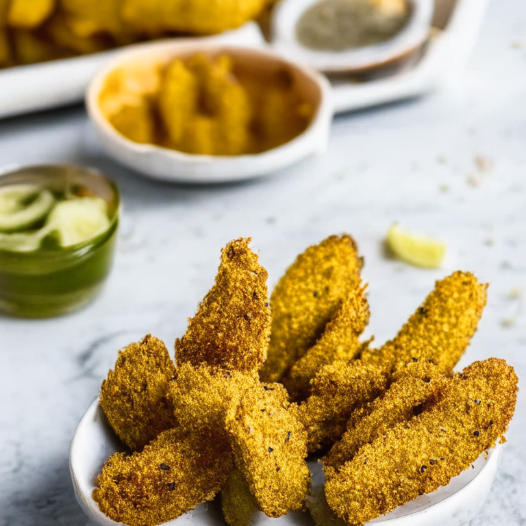 Crispy air fryer pickles with dill dip in a bowl. Bright, clear studio lighting and perfect focus on the pickles, dip and breadcrumbs