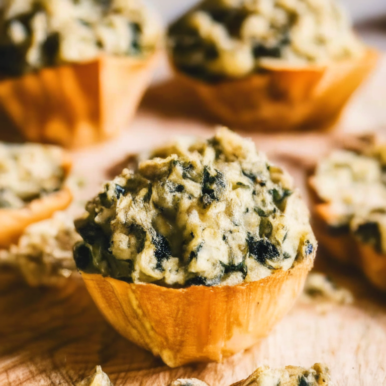 Oven-baked spinach and artichoke dip stuffed mushrooms. Bright, clear studio lighting and perfect focus on the mushrooms, dip and breadcrumbs