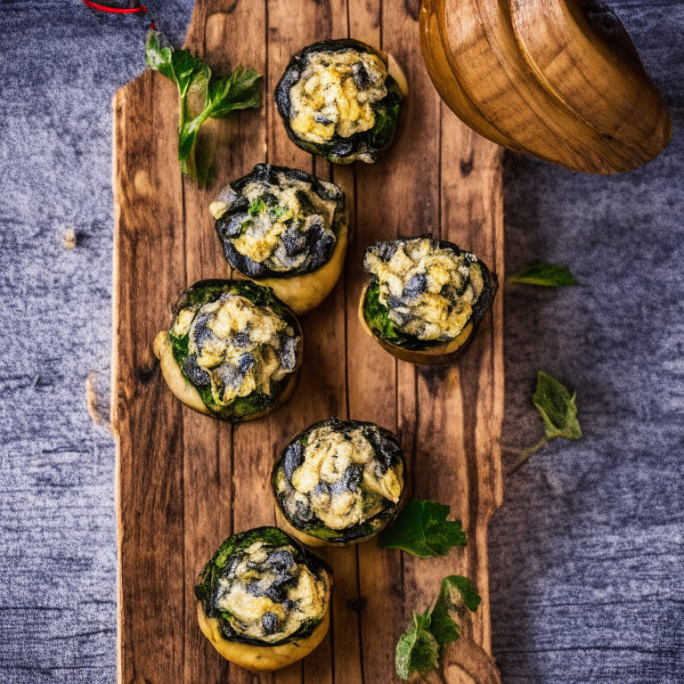 Aerial view of oven-baked spinach and artichoke dip stuffed mushrooms on a wooden board. Softbox studio lighting and pin-sharp focus on the mushrooms, dip and garnishes