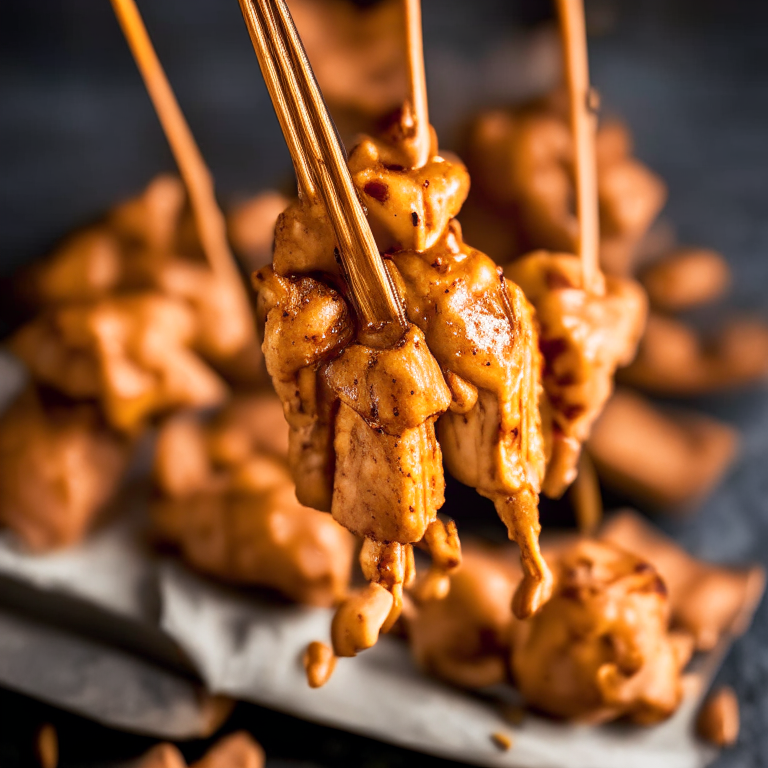 Close-up of air fryer chicken satay skewers with peanut sauce. Softbox studio lighting and razor-sharp focus on the chicken, skewers and sauce