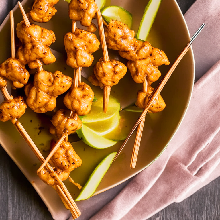 Air fryer chicken satay skewers with peanut sauce. Bright, clear studio lighting and perfect focus on the chicken, skewers, sauce and lime wedges