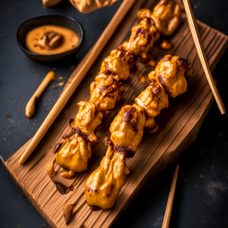 Aerial view of air fryer chicken satay skewers on a wooden board with peanut sauce on the side. Softbox studio lighting and pin-sharp focus on the chicken, skewers, sauce and garnishes