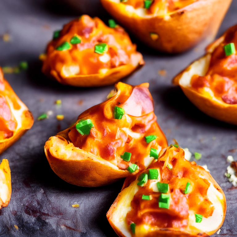 Close-up of oven-baked loaded sweet potato skins. Softbox studio lighting and razor-sharp focus on the sweet potatoes, cheese, bacon and green onions