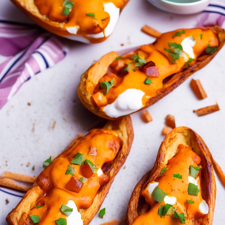 Oven-baked loaded sweet potato skins. Bright, clear studio lighting and perfect focus on the sweet potatoes, cheese sauce, bacon and chives