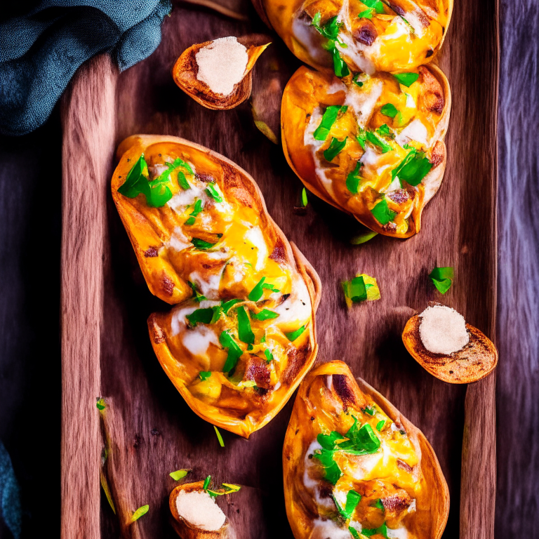 Aerial view of oven-baked loaded sweet potato skins on a wooden board. Softbox studio lighting and pin-sharp focus on the sweet potatoes, cheese sauce, bacon and green onions