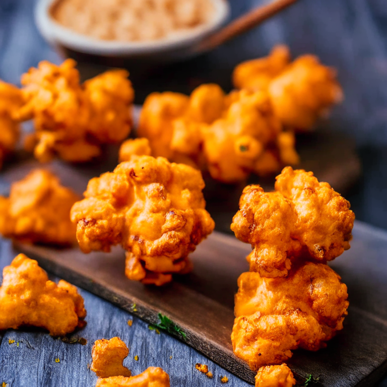 Close-up of air fryer buffalo cauliflower bites on a wooden board. Softbox studio lighting and razor-sharp focus on the crispy cauliflower florets coated in buffalo sauce