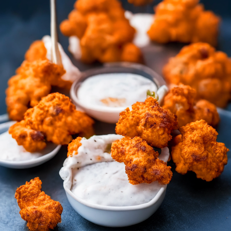 Air fryer buffalo cauliflower bites and ranch dip. Softbox studio lighting and pin-sharp focus on the crispy cauliflower florets coated in buffalo sauce and served with ranch dip