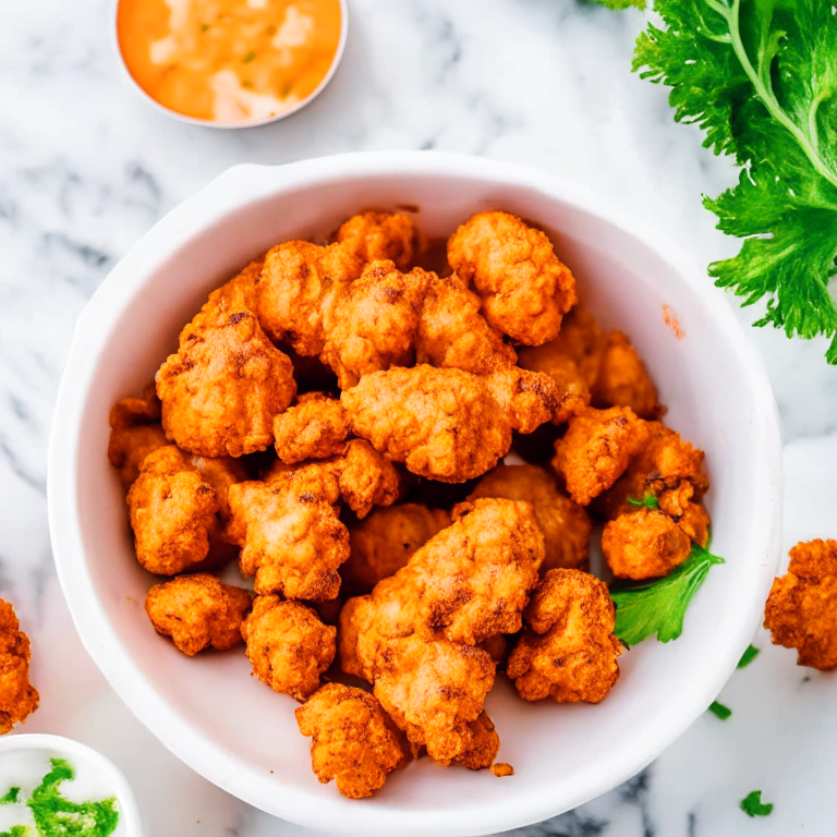 Aerial view of air fryer buffalo cauliflower bites and ranch dip in a bowl. Bright, clear studio lighting and perfect focus on the crispy cauliflower, buffalo sauce and ranch dip