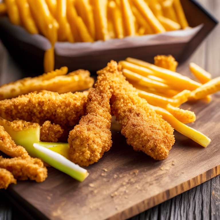 Close-up of cheesy garlic breaded chicken tenders and air fryer french fries on a wooden board. Bright, clear studio lighting and razor-sharp focus fills the frame with the crispy chicken tenders and fries