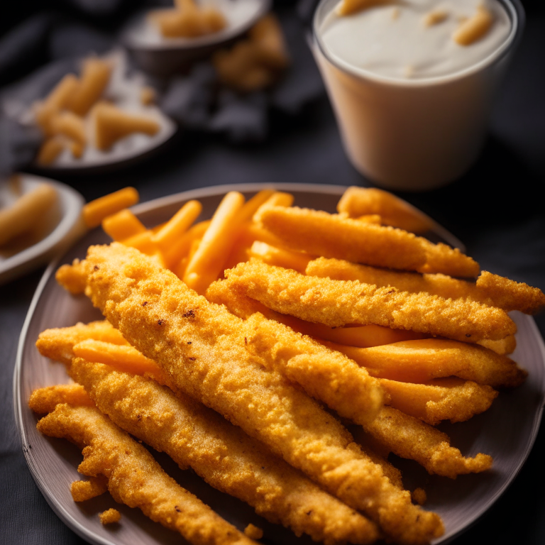 Cheesy garlic breaded chicken tenders and air fryer french fries. Softbox studio lighting and perfect focus on the entire dish, from the crispy chicken tenders to the seasoned fries