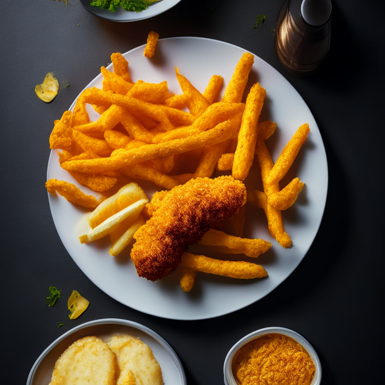 Aerial view of cheesy garlic breaded chicken tenders and air fryer french fries on a plate. Softbox studio lighting and pin-sharp focus on the crispy chicken tenders and fries, minimizing background distractions