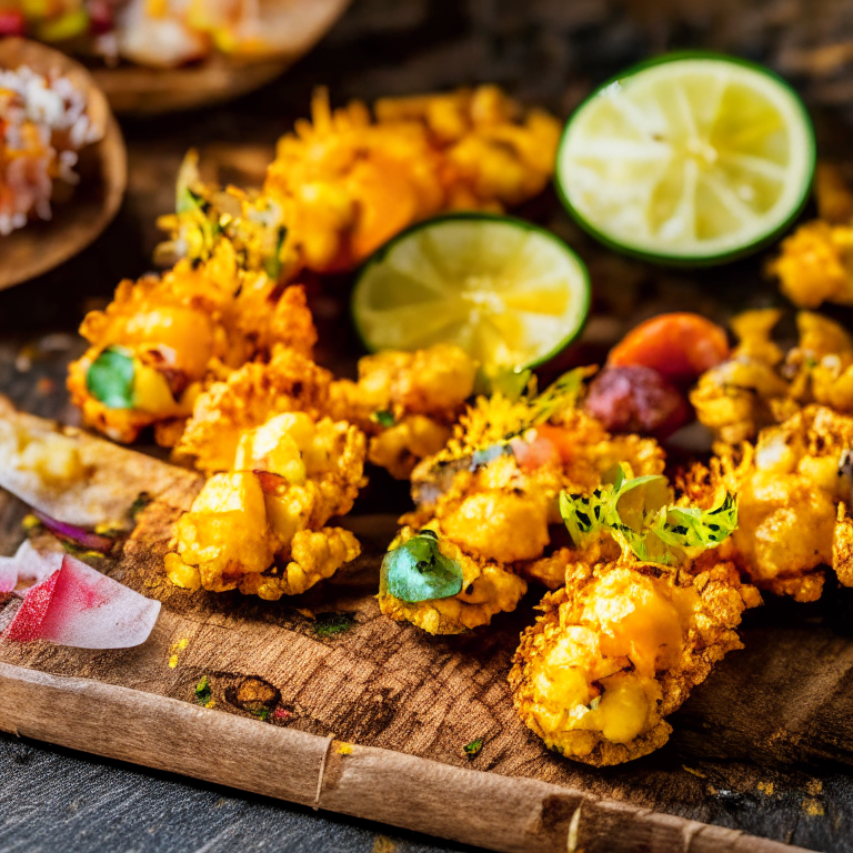 Close-up of air fryer coconut shrimp with mango salsa and mini pizzas on a wooden board. Bright, clear studio lighting and razor-sharp focus fills the frame with the crispy coconut shrimp and pizzas