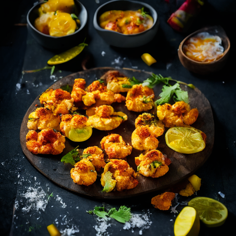 Air fryer coconut shrimp with mango salsa and mini pizzas. Softbox studio lighting and perfect focus on the entire dish, from the crispy coconut shrimp to the mini pizzas