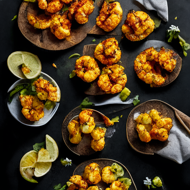 Aerial view of air fryer coconut shrimp with mango salsa and mini pizzas on a plate. Softbox studio lighting and pin-sharp focus on the coconut shrimp and pizzas, minimizing background distractions