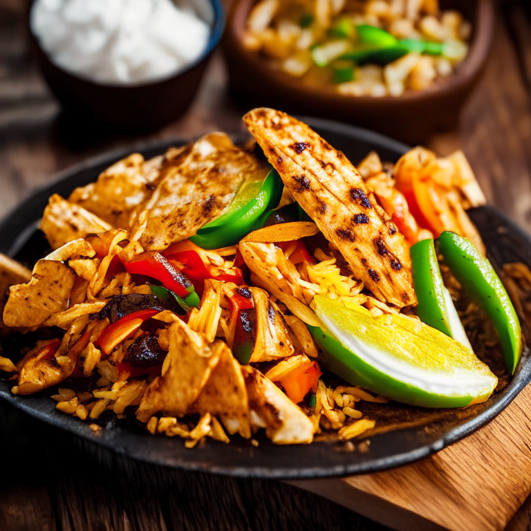 Close-up of air fryer chicken fajitas with Mexican rice on a wooden board. Bright, clear studio lighting and razor-sharp focus fills the frame with the chicken strips and rice