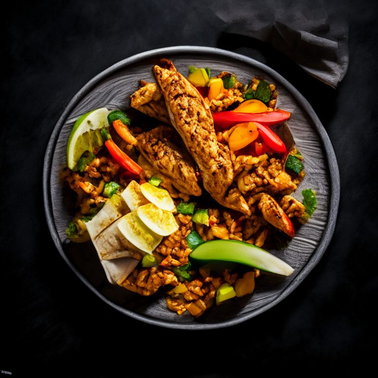 Aerial view of air fryer chicken fajitas with Mexican rice on a plate. Softbox studio lighting and pin-sharp focus on the chicken strips and rice, minimizing background distractions