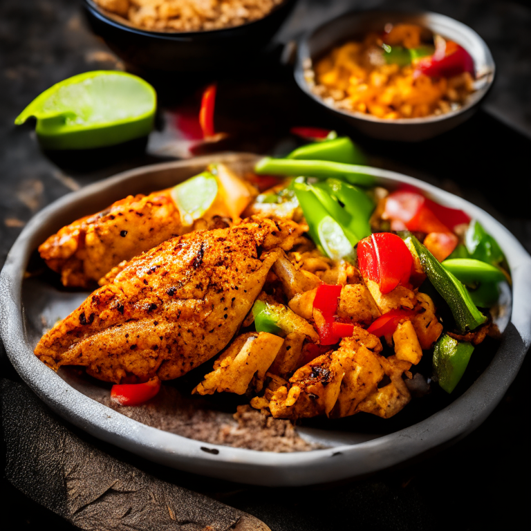 Air fryer chicken fajitas with Mexican rice. Softbox studio lighting and perfect focus on the entire dish, from the chicken strips to the oven-baked rice