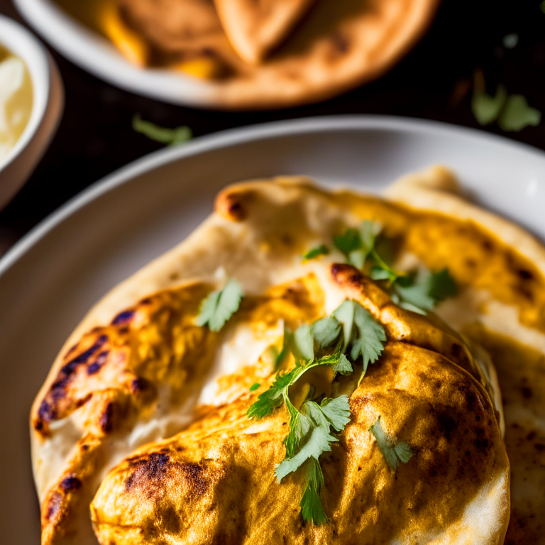 Close-up of coconut curry chicken legs and air fryer garlic naan on a plate. Bright, clear studio lighting and razor-sharp focus fills the frame with the chicken and naan