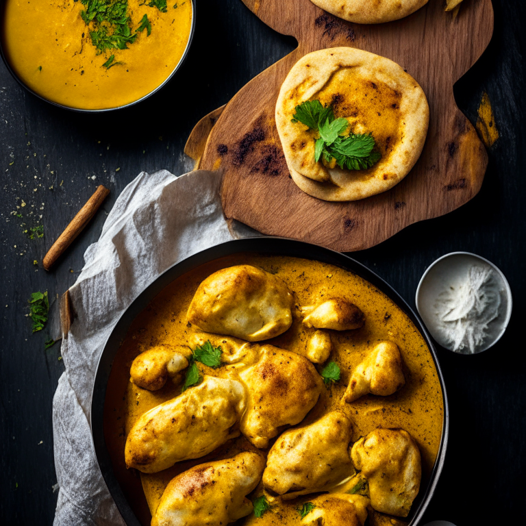 Aerial view of coconut curry chicken legs and air fryer garlic naan on a wooden board. Softbox studio lighting and pin-sharp focus on the chicken and naan, minimizing background distractions