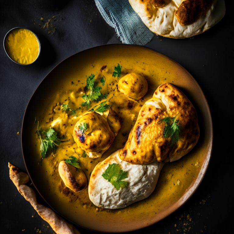 Coconut curry chicken legs and air fryer garlic naan. Softbox studio lighting and perfect focus on the entire dish, from the chicken legs to the naan