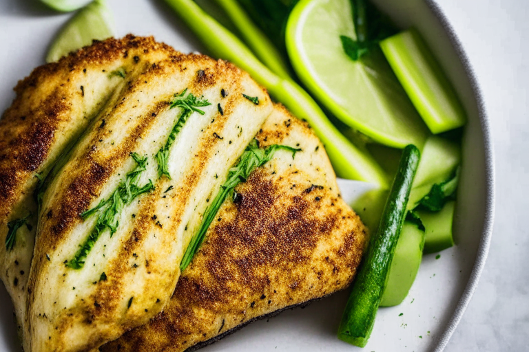 Air Fryer Garlic Herb Chicken Breast with Oven-Baked Parmesan Zucchini, bright studio lighting, razor-sharp focus on the chicken and zucchini