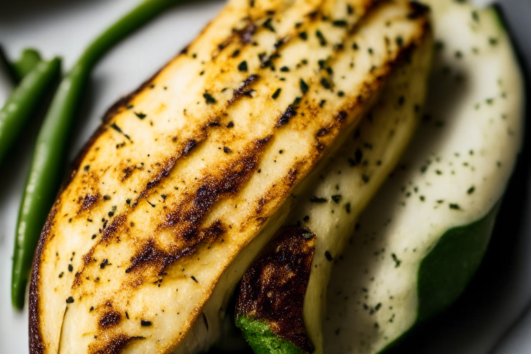 Air Fryer Garlic Herb Chicken Breast with Oven-Baked Parmesan Zucchini, studio lighting, zoomed in to fill frame, manually focused on the zucchini for maximum detail