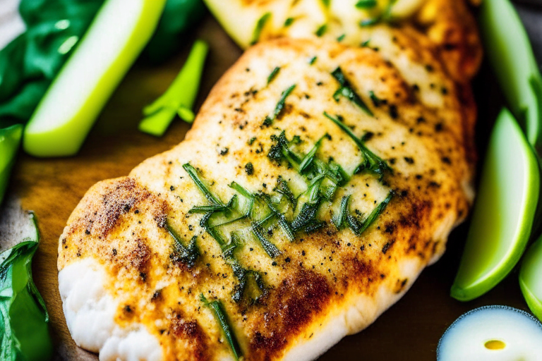 Air Fryer Garlic Herb Chicken Breast with Oven-Baked Parmesan Zucchini, bright clear lighting, filling the frame, every part of the food in perfect focus